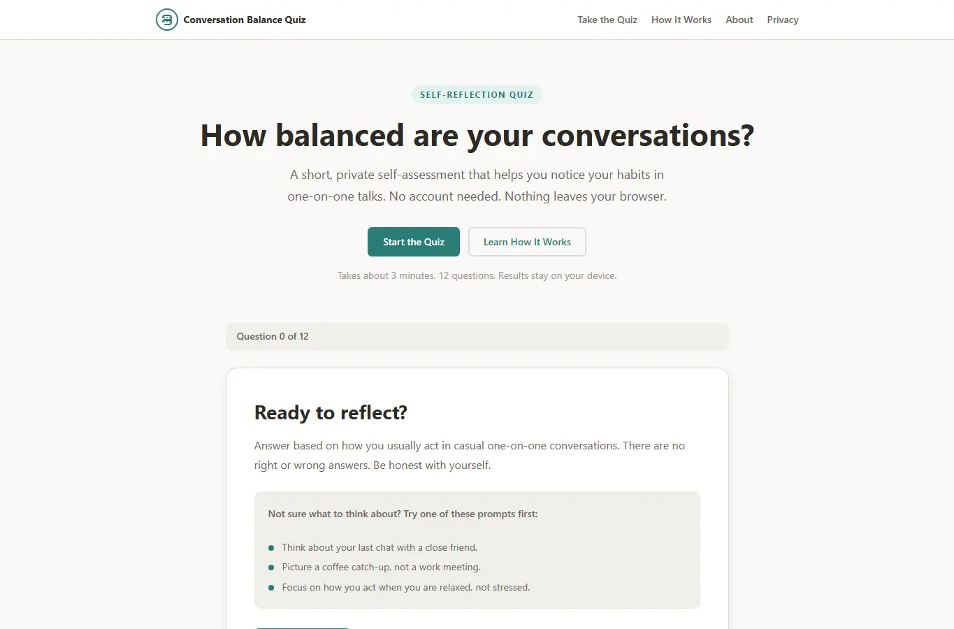Screenshot of Conversation Balance Quiz interface showing the project page in use